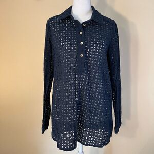 C Wonder Navy Blue Eyelet Crochet Open Knit Button Neckline Pullover Top Med